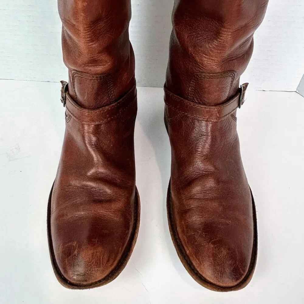 Frye Shirley Pull Riding Boots Full Leather Knee High Buckles Cognac Brown 6.5
